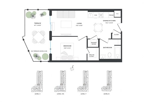 Floor plan for 1 bed, 1 bath, 542 sqft